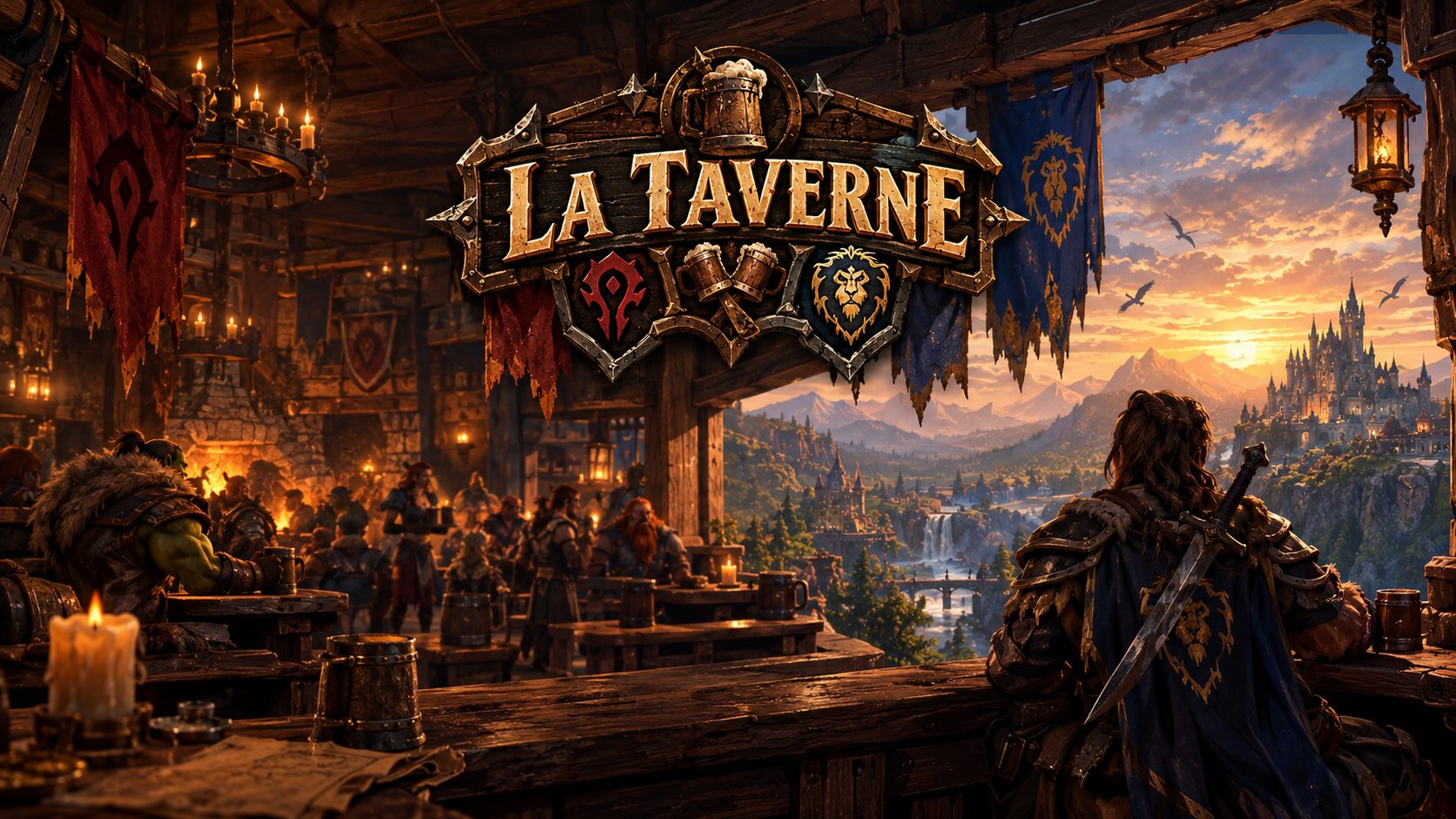 La taverne au crépuscule, entre les bannières de la Horde et de l’Alliance